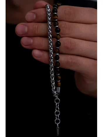 Erkek Çelik Bileklik - Kaplan Gözü Taşlı kral Zincir Çelik Erkek Bileklik