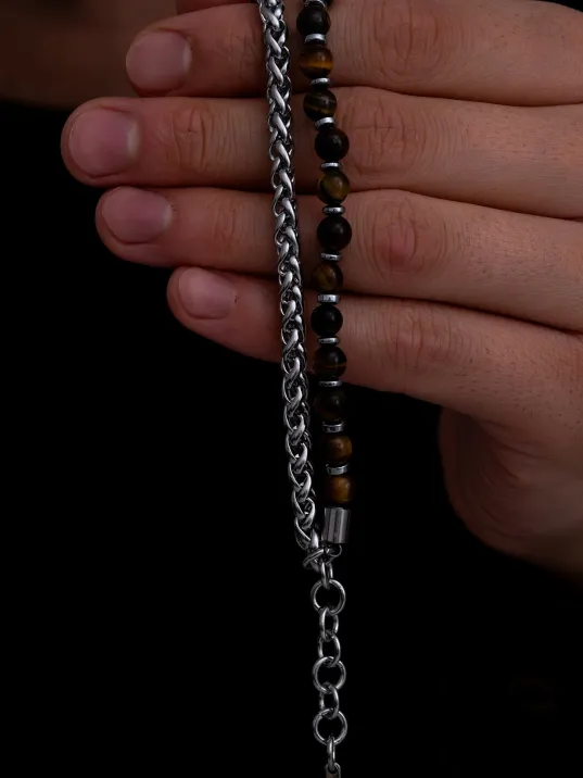 Erkek Çelik Bileklik - Kaplan Gözü Taşlı kral Zincir Çelik Erkek Bileklik