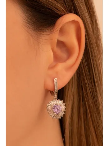 Kadın Gümüş Küpe - Kalp Model Ametist Taşlı Baget Süslemeli Rodyumlu Kadın Küpe