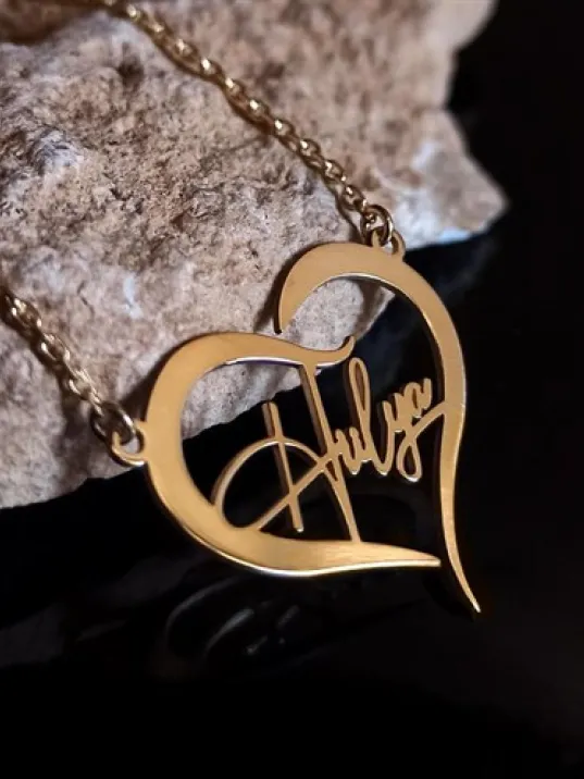 Kişiye Özel Kalp İçinde İmza İsim Yazılan Altın Renk Bayan Gümüş Kolye Zincir GKLALTISIMY
