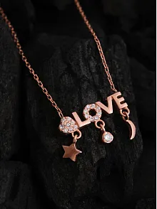 Kadın Gümüş Kolye - Sevgililer Günü - Hediye - Rose Kaplama Love Yazılı Kalp Motifli Kadın Kolye
