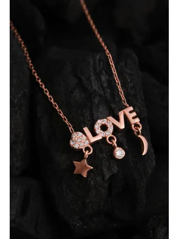 Kadın Gümüş Kolye - Sevgililer Günü - Hediye - Rose Kaplama Love Yazılı Kalp Motifli Kadın Kolye