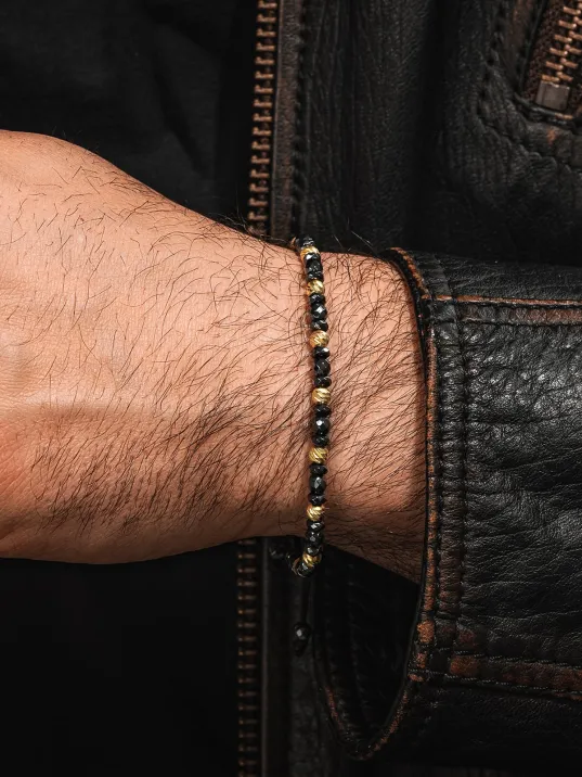 Kadın Erkek Gümüş Bileklik - Hematit Taşlı Gümüş Detaylı İnce Kibar Erkek Kadın Bileklik