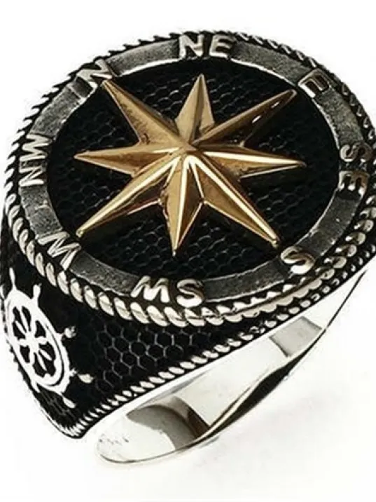 Pusula Çapa Dümen Motifli Gemici Gümüş Erkek Yüzüğü Pusula Çapa Dümen Motifli Gemici Gümüş Erkek Yüzüğü