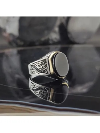 Mikro Taşlı Siyah Oniks Gümüş Erkek Yüzük GYZGMSGUMSU