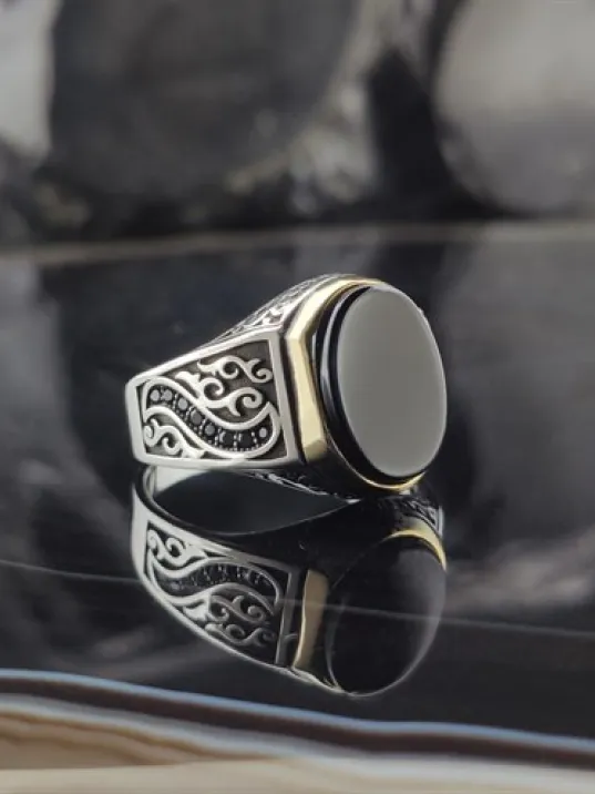 Mikro Taşlı Siyah Oniks Gümüş Erkek Yüzük GYZGMSGUMSU