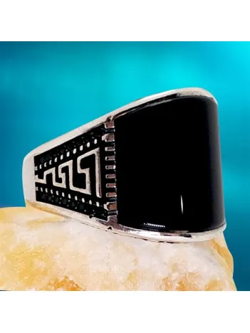 Grek Desenli Oniks Taşlı Erkek Gümüş Yüzük