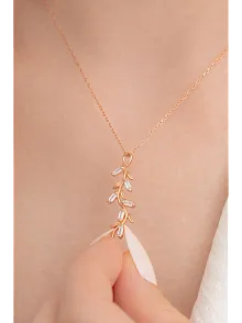 Baget Taşlı Yaprak Model Kadın Rose Gümüş Kolye Gklyprkmdl5-ros