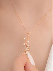 Baget Taşlı Yaprak Model Kadın Rose Gümüş Kolye Gklyprkmdl5-ros