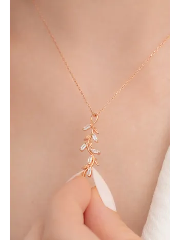 Baget Taşlı Yaprak Model Kadın Rose Gümüş Kolye Gklyprkmdl5-ros