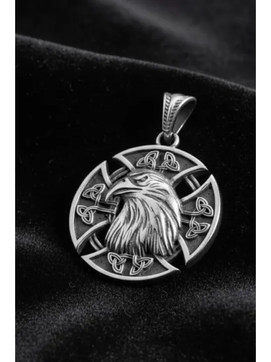 Erkek Gümüş Kolye - 925 Ayar Kabartmalı Kartal Kafası Motifli Tilki Kuyruğu Zincirli Erkek Kolye