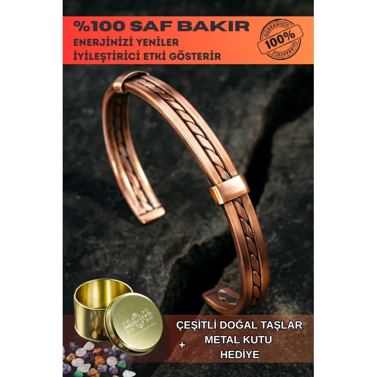 Kadın Erkek Saf Bakır Bileklik Hasır Model Metal Kutu Doğal Taşlar Kadın Erkek Saf Bakır Bileklik Hasır Model Metal Kutu Doğal Taşlar