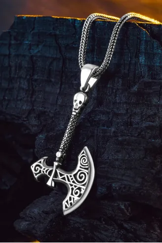 925 Ayar Gümüş Viking Savaşçı Baltası Erkek Kolye Tilki Kuyruğu Zincir Parlak Model