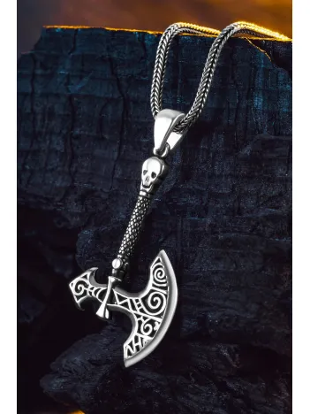 925 Ayar Gümüş Viking Savaşçı Baltası Erkek Kolye Tilki Kuyruğu Zincir Parlak Model