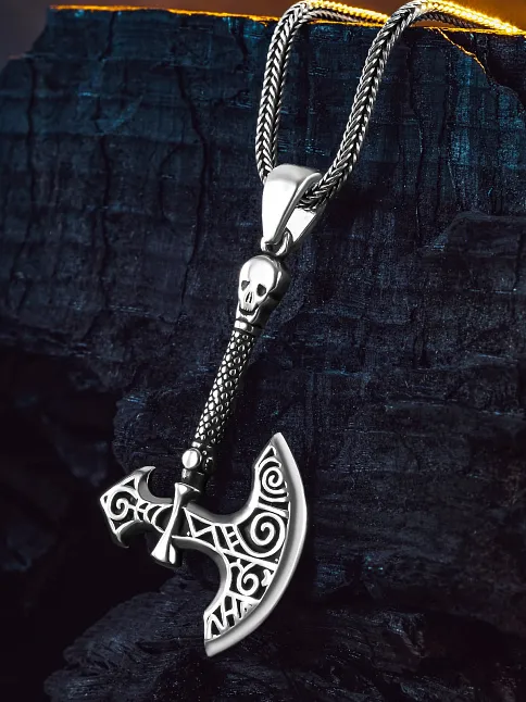 925 Ayar Gümüş Viking Savaşçı Baltası Erkek Kolye Tilki Kuyruğu Zincir Parlak Model