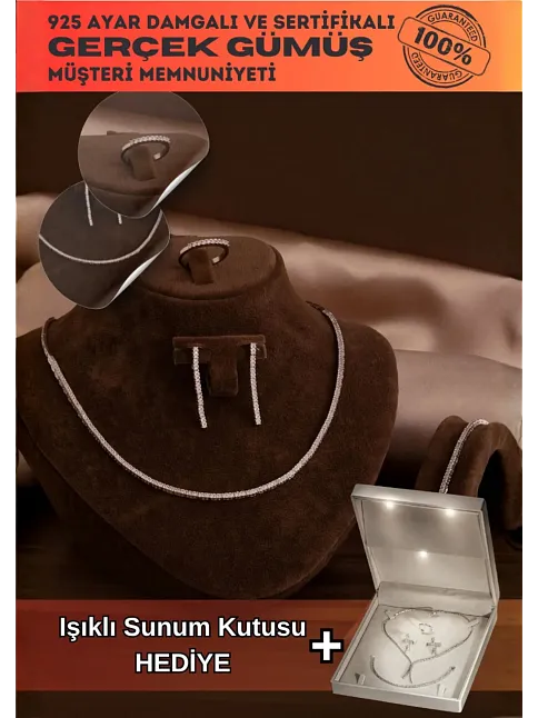Kadın Gümüş Takı Seti - Duru Zirkon Taşlı Model Kolye, Bileklik, Yüzük, Küpe Tam Set