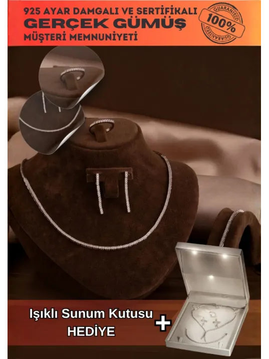 Kadın Gümüş Takı Seti - Duru Zirkon Taşlı Model Kolye, Bileklik, Yüzük, Küpe Tam Set