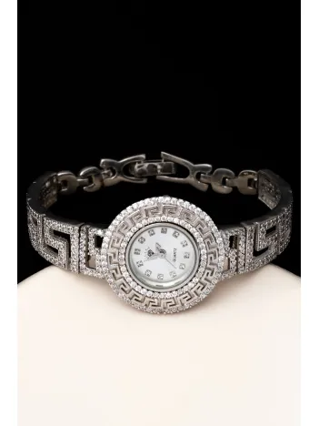 Kadın Gümüş Saat - Gelin Saati - Zirkon Taşlı 925 Ayar Gümüş Kadın Saat Grek Desenli