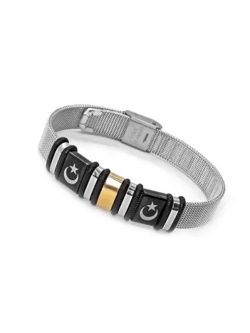 Siyah Çift Ay Yıldız Logo Kemer Modeli Erkek Çelik Bileklik CBLCIFTAYIZ-BYZ