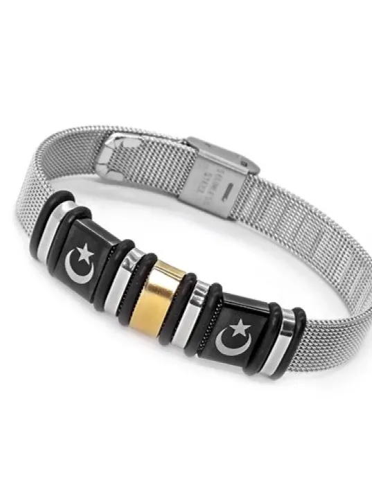 Siyah Çift Ay Yıldız Logo Kemer Modeli Erkek Çelik Bileklik CBLCIFTAYIZ-BYZ