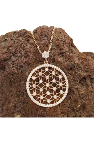 Zirkon Taşlı Rose Renk Yaşam Çiçeği Bayan Gümüş Kolye
