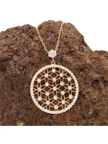 Zirkon Taşlı Rose Renk Yaşam Çiçeği Bayan Gümüş Kolye