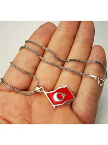 Mineli Gümüş Ay Yıldız Bayrak Kolye Zincir