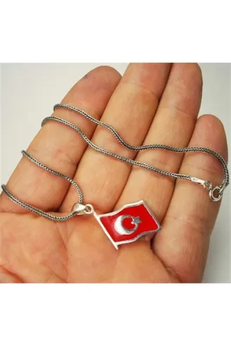 Mineli Gümüş Ay Yıldız Bayrak Kolye Zincir