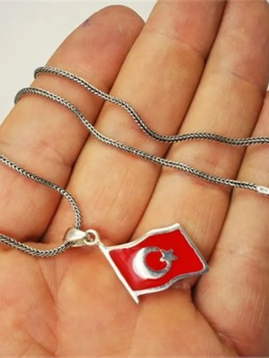Mineli Gümüş Ay Yıldız Bayrak Kolye Zincir