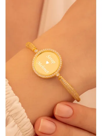 Kadın Gümüş Bileklik - Altın Kaplama İsim Yazılabilir Yuvarlak Plaka Asansörlü Kadın Bileklik