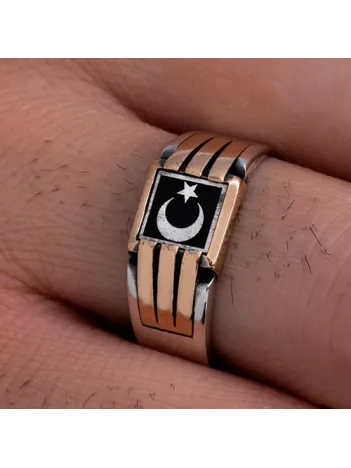 Erkek Gümüş Yüzük - Ay Yıldız Bayrak Model İnce Kibar Erkek Yüzüğü