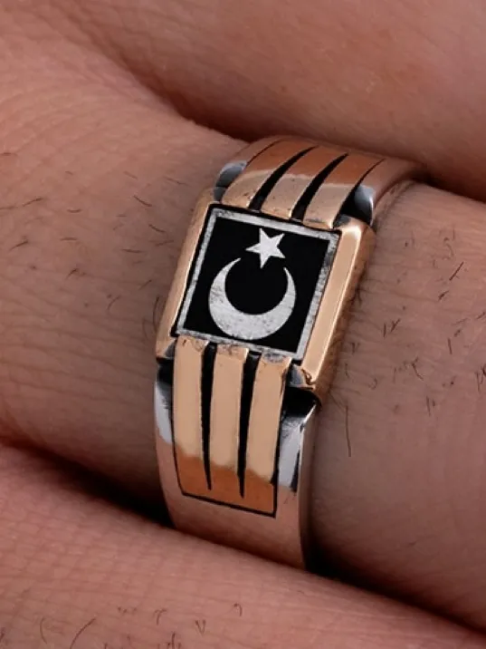 Erkek Gümüş Yüzük - Ay Yıldız Bayrak Model İnce Kibar Erkek Yüzüğü