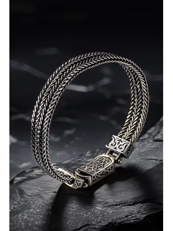 Erkek Gümüş Bileklik - Uzak Şehir Dizisi Cihan Albora Bilekliği Çift Sıra Yassı Tilki Kuyruğu Künye