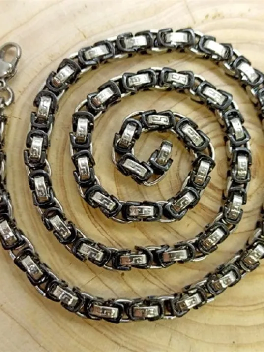 Erkek Çelik Siyah Beyaz Zincir Kolye Çift Renk Grek Motif CKLSYHZNR01