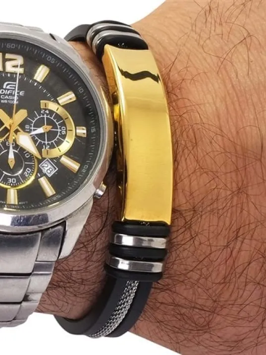 İsim Yazılan Altın Kaplama Çelik Erkek Bileklik Kauçuk Kordonlu