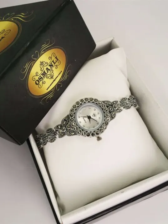 Bayan Gümüş Saat Markazit Taşlı Otantik Model