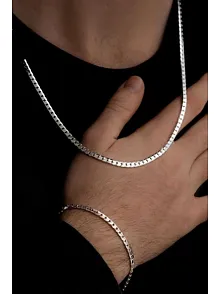 Erkek Gümüş Kolye Bileklik Set - 4mm 925 Ayar Ezme Gurmet Gümüş Set