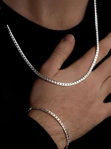 Erkek Gümüş Kolye Bileklik Set - 4mm 925 Ayar Ezme Gurmet Gümüş Set