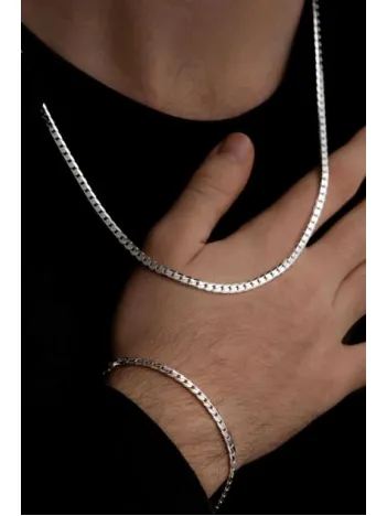 Erkek Gümüş Kolye Bileklik Set - 4mm 925 Ayar Ezme Gurmet Gümüş Set