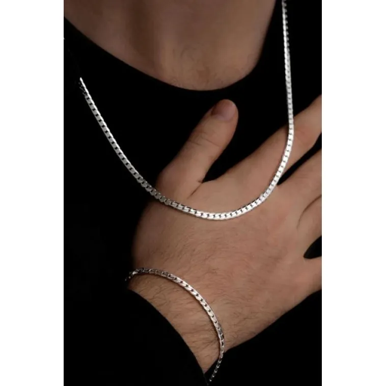 Erkek Gümüş Kolye Bileklik Set - 4mm 925 Ayar Ezme Gurmet Gümüş Set Erkek Gümüş Kolye Bileklik Set - 4mm 925 Ayar Ezme Gurmet Gümüş Set