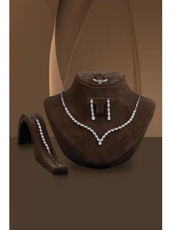 Dolunay Bayan Zirkon Taşlı Gümüş Su Yolu Set - Kolye, Bileklik, Küpe, Yüzük