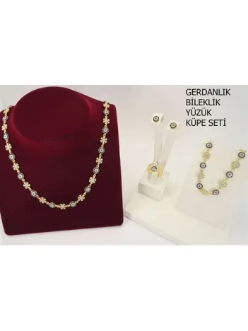 Altın Kaplama Kartanesi Temalı Gümüş Gerdanlık Bileklik Yüzük Küpe Takı Seti