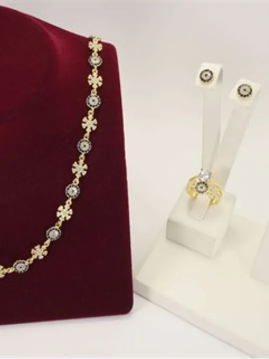 Altın Kaplama Kartanesi Temalı Gümüş Gerdanlık Bileklik Yüzük Küpe Takı Seti