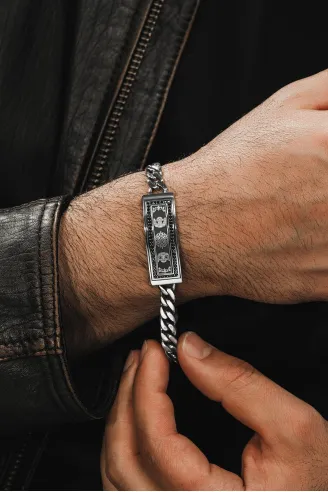 Erkek Gümüş Bileklik - Çift Selçuklu Kartalı İşlemeli Gurmet Model 925 Ayar Erkek Bileklik
