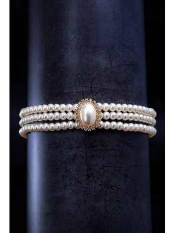 Gold Altın Kaplama Üç Sıralı Oval Taş Detaylı Kadın İnci Choker Kolye
