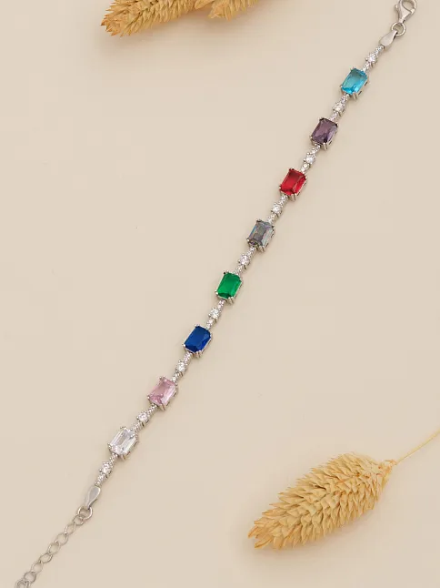Kadın Gümüş Bileklik - Renkli Baget Taşlı Kare Model Zirkon Süslemeli Kadın Bileklik