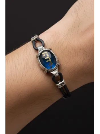 Türk Yazılı Erkek Deri Gümüş Bileklik Lacivert Mavi Mineli Otantik Model