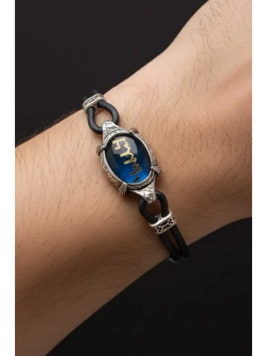 Türk Yazılı Erkek Deri Gümüş Bileklik Lacivert Mavi Mineli Otantik Model