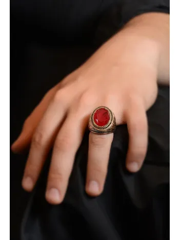 Yakut Garnet Taşlı Yanı Selçuklu Kartalı Model Erkek Gümüş Yüzük