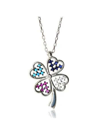 Mix Zirkon Taşlı Yonca Bayan Gümüş Kolye